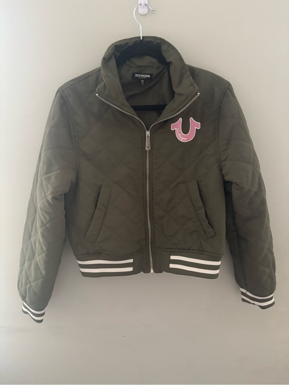 True Religion Women Olive Quilted Puffer Jacket with Pink Logo Patch S/P